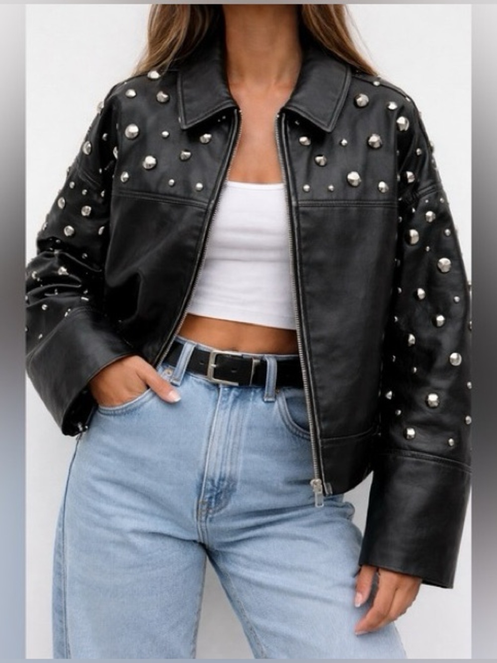 NWT Zara Studded Faux Leather Oversized Biker Jacket - Size Medium